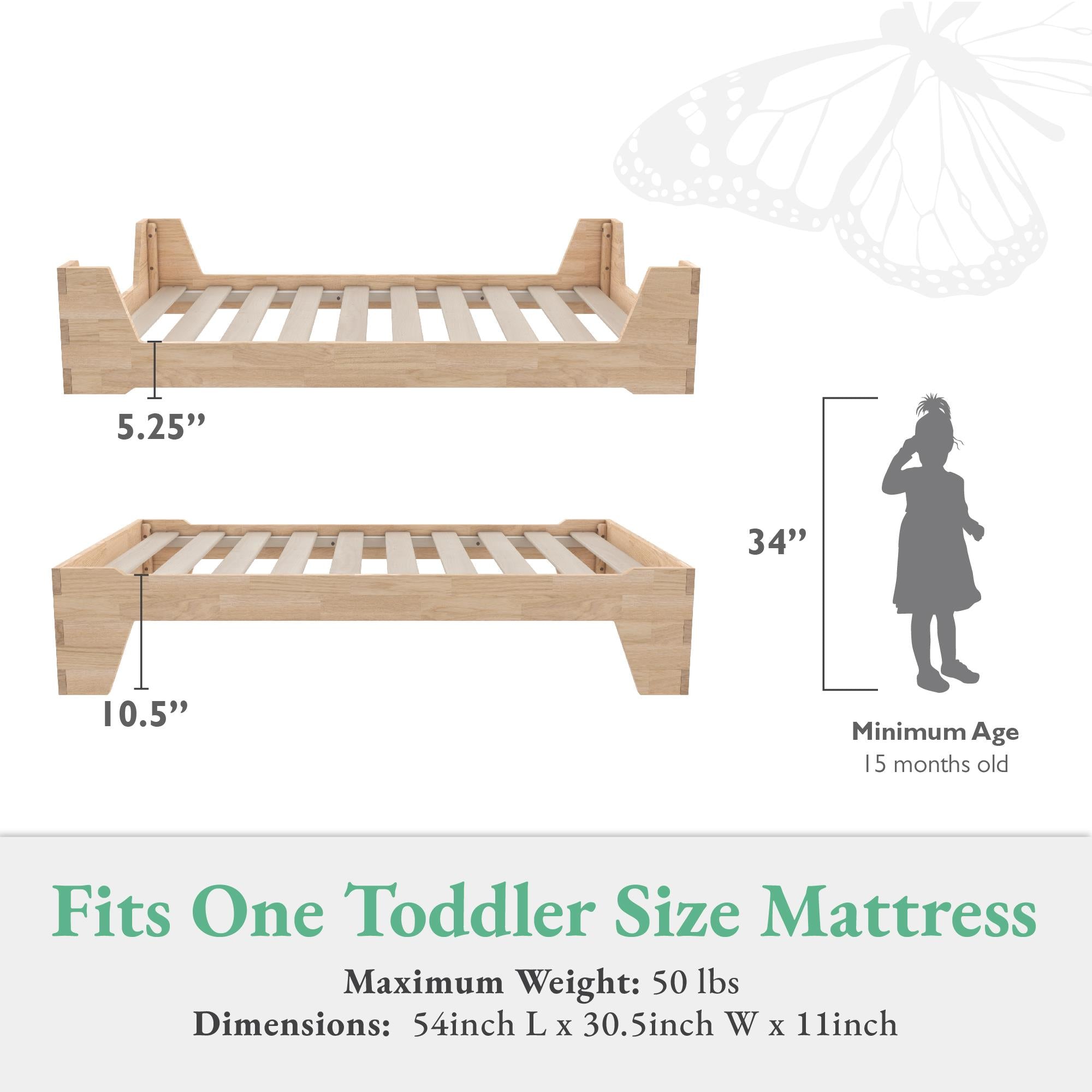 Maverick Montessori Toddler Floor Bed with 2 Heights - Natural - Crib & Toddler Mattress