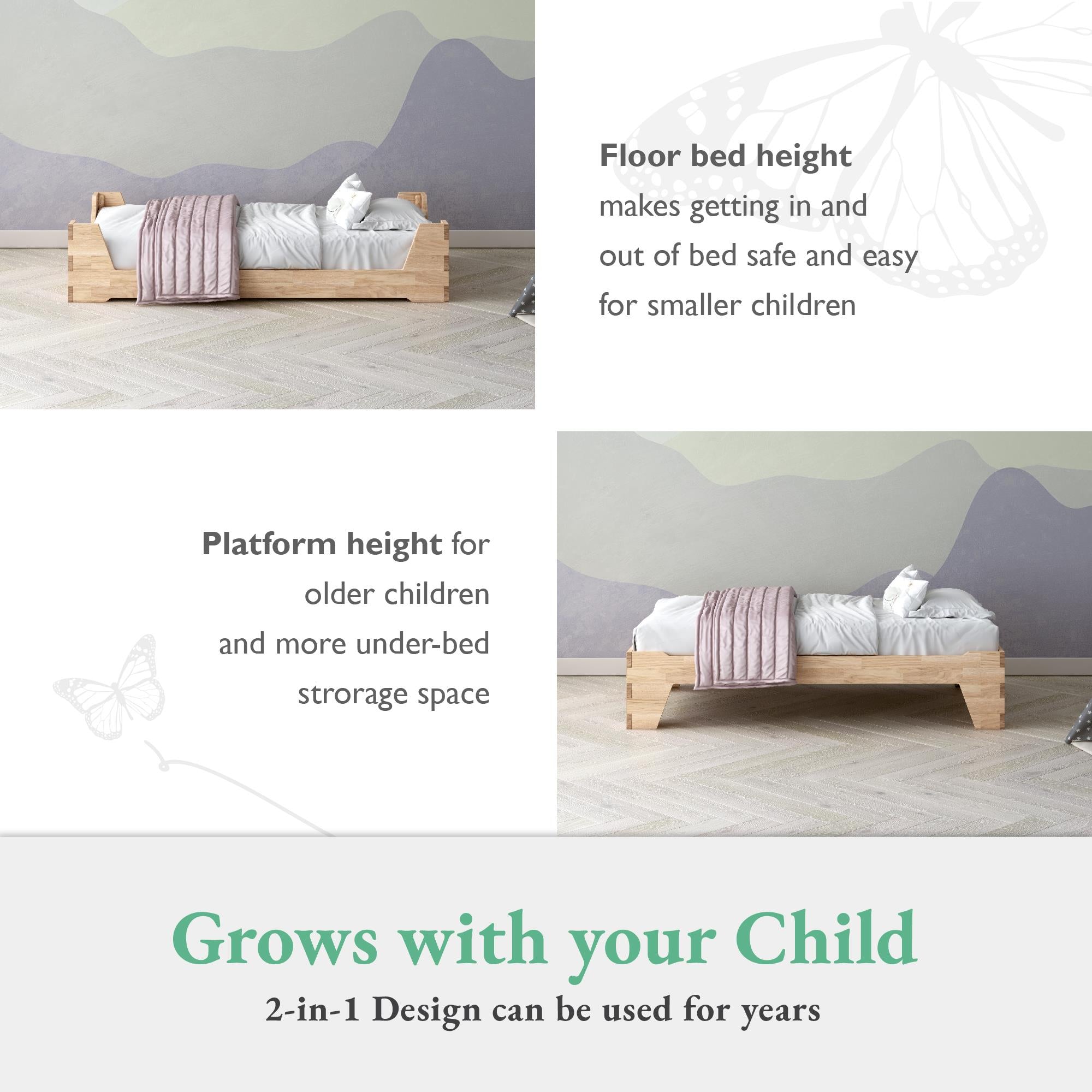 Maverick Montessori Toddler Floor Bed with 2 Heights - Natural - Crib & Toddler Mattress