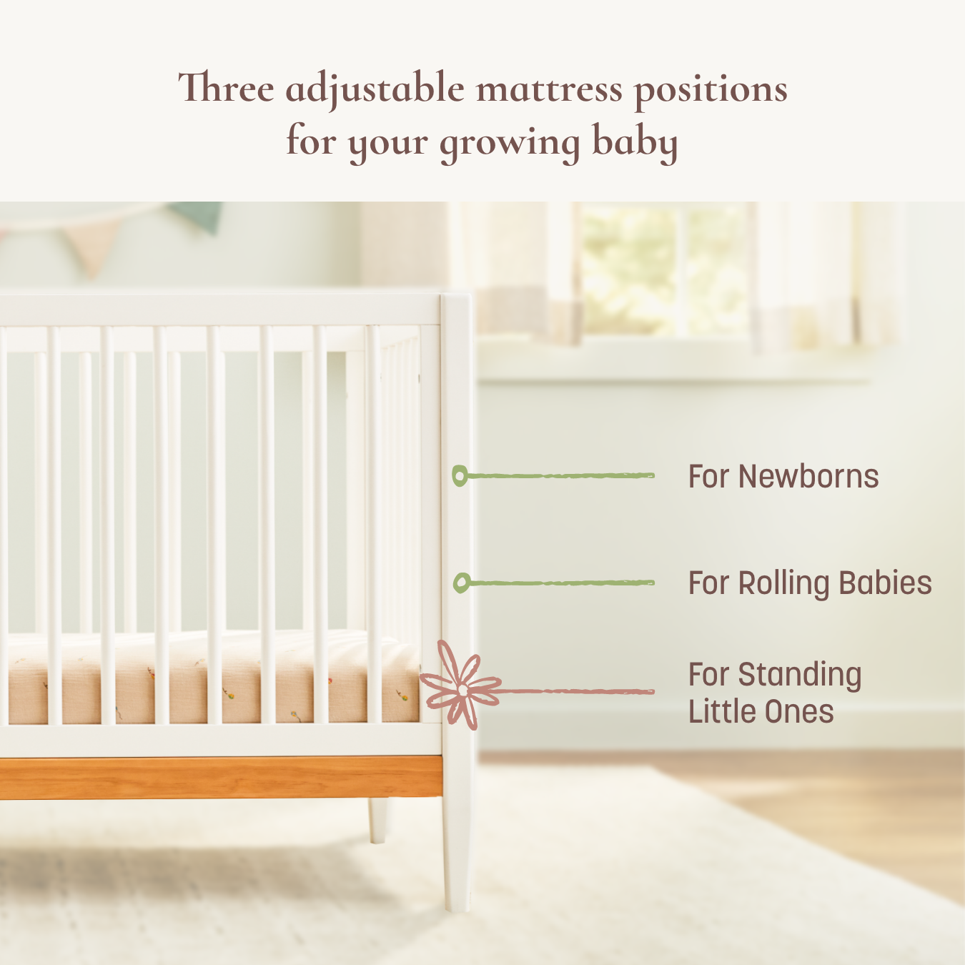Clover 4-in-1 Convertible Crib - three adjustable mattress positions for your growing baby