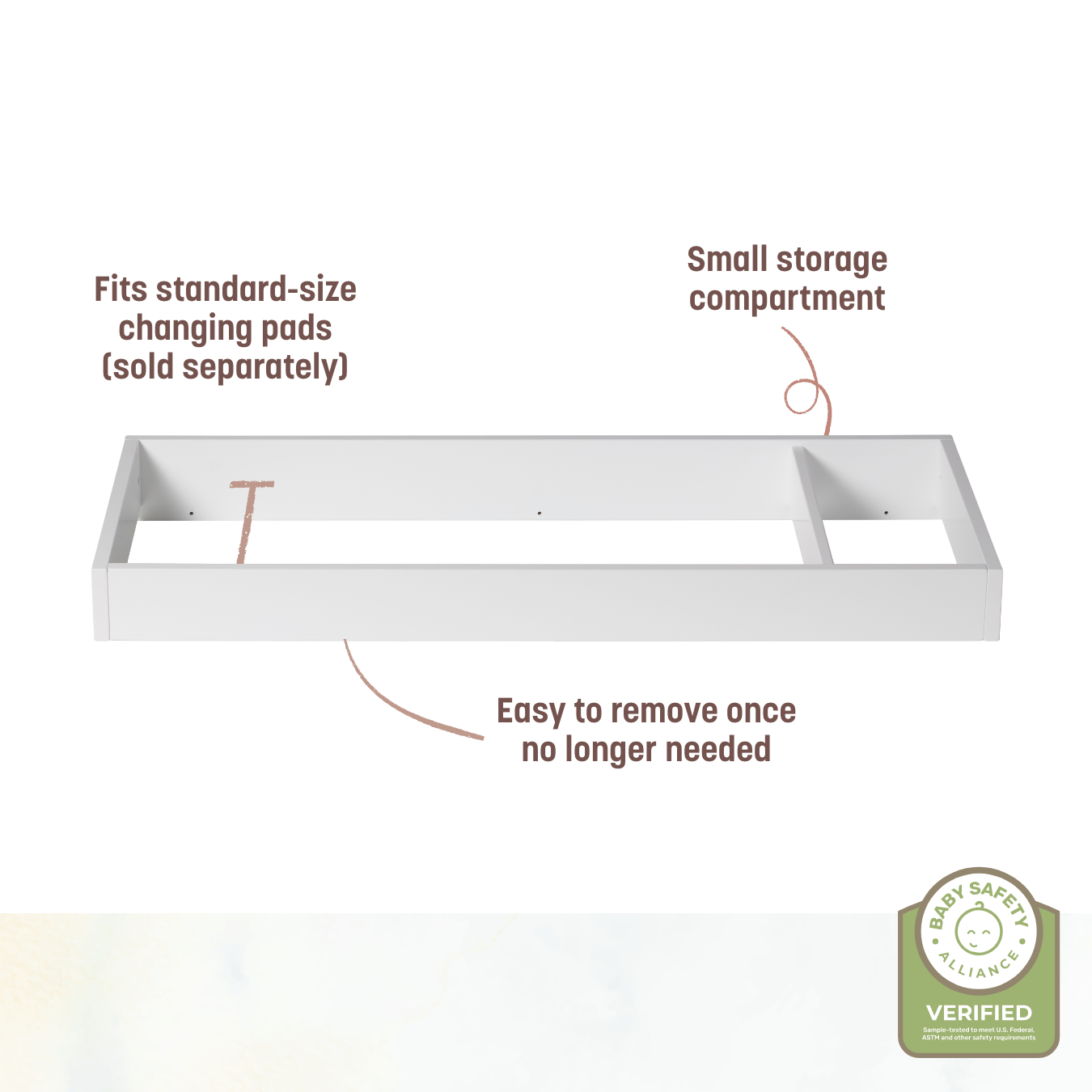 Double Topper - fits standard-size changing pads (sold separately), small storage compartment, easy to remove once no longer needed