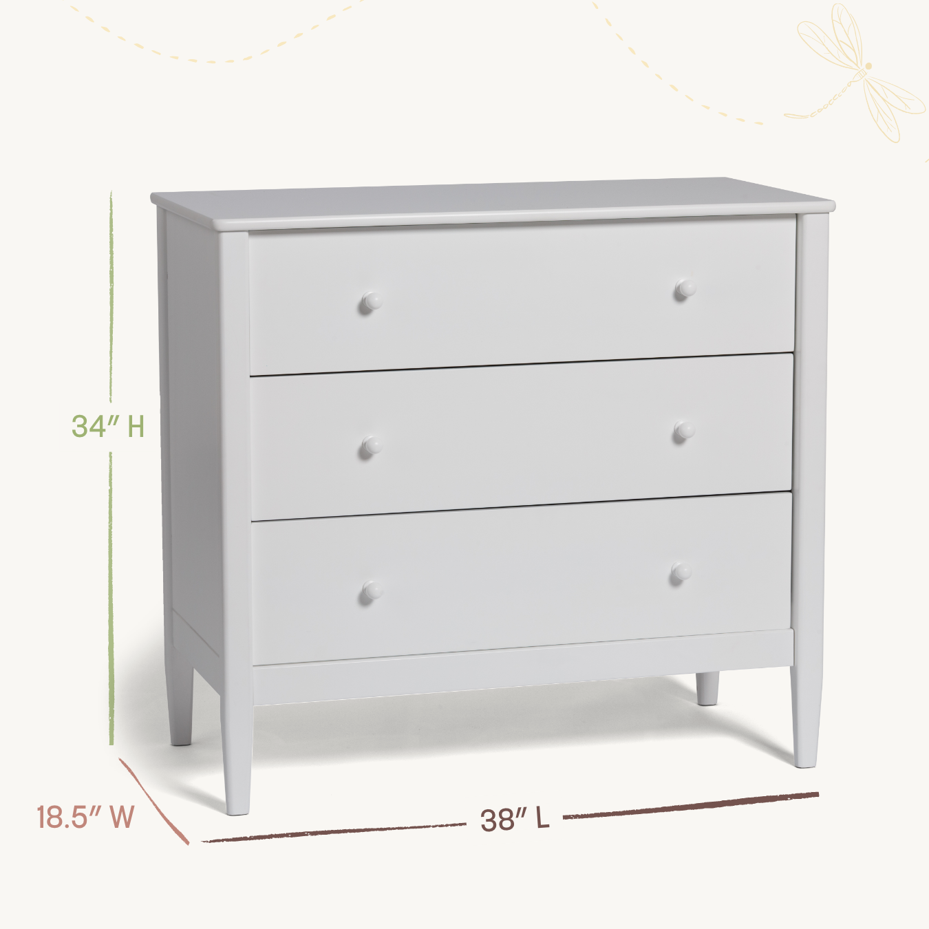 Clover 3-Drawer Single Dresser - 34"H, 18.5"W, 38"L