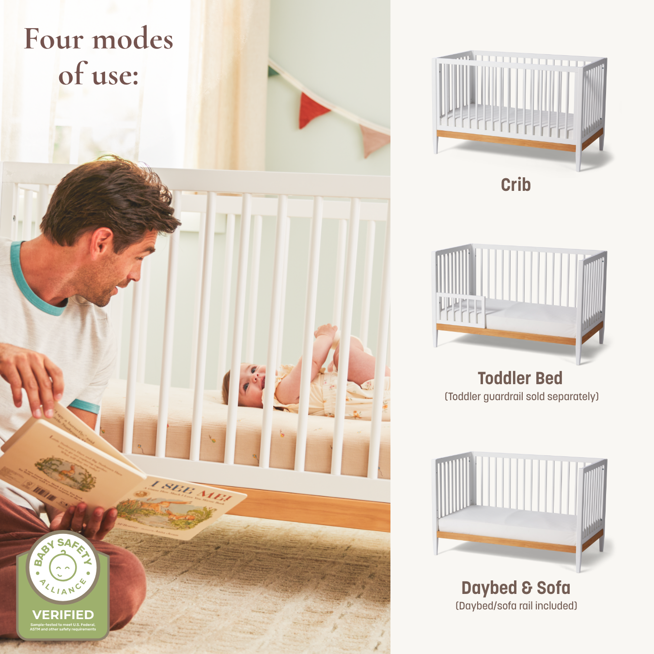 Clover 4-in-1 Convertible Crib - four modes of use: crib, toddler bed (toddler guardrail sold separately), daybed & sofa (daybed/sofa rail included)
