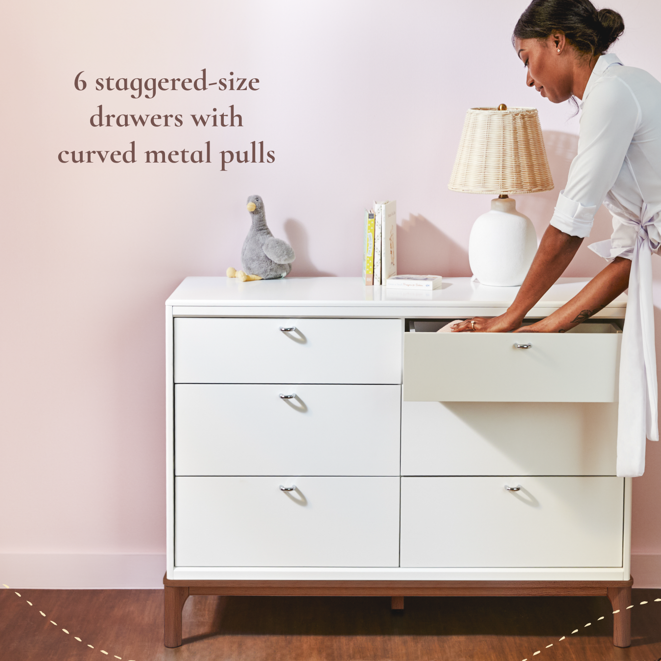 Laurel 6-Drawer Double Dresser - 6 staggered-size drawers with curved metal pulls