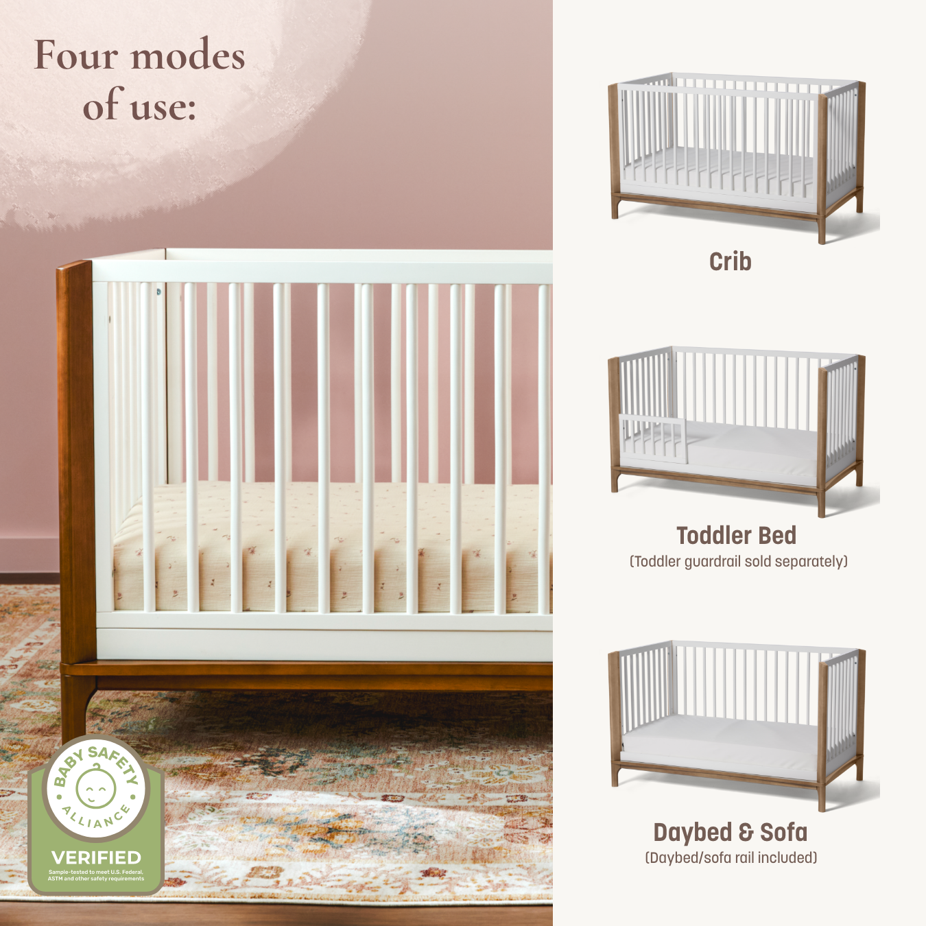 Laurel 4-in-1 Convertible Crib - four modes of use: crib, toddler bed, daybed & sofa