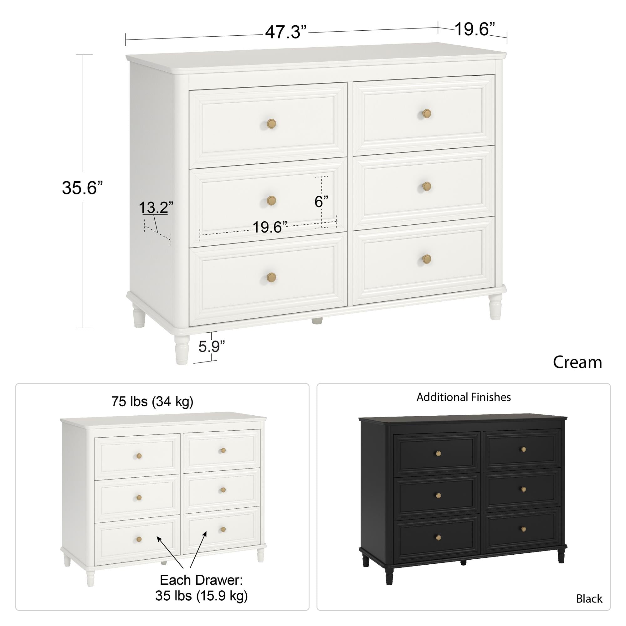 Piper 6 Drawer Dresser - Black