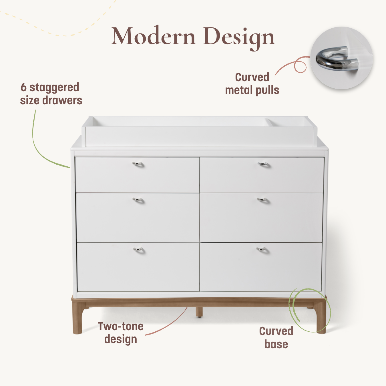 Laurel 6-Drawer Double Dresser - modern design: 6 staggered size drawers, curved metal pulls, two-tone design, curved base