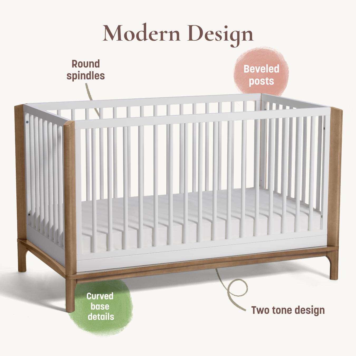 Laurel 4-in-1 Convertible Crib - modern design: round spindles, beveled posts, curved base details, two tone design