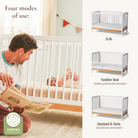 Clover 4-in-1 Convertible Crib - four modes of use: crib, toddler bed (toddler guardrail sold separately), daybed & sofa (daybed/sofa rail included)